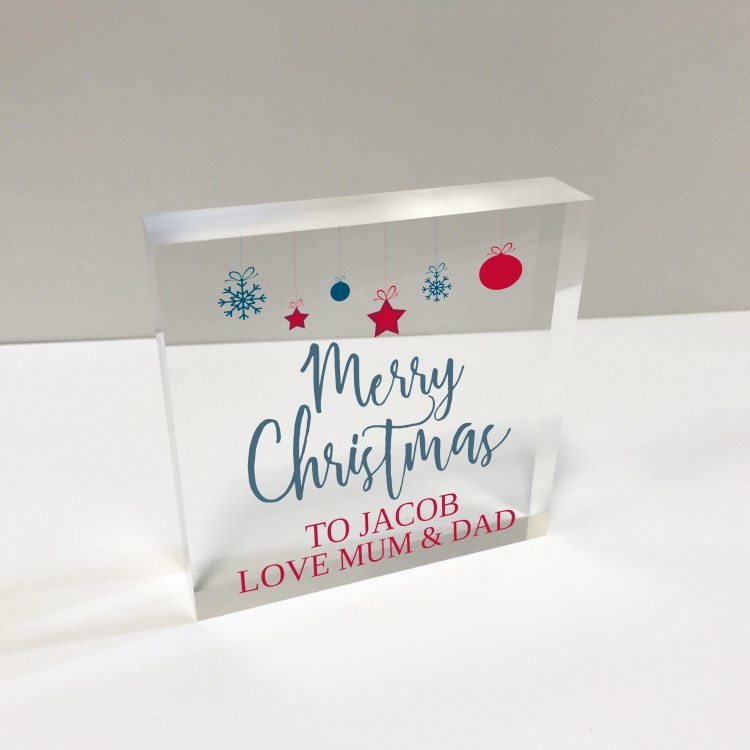 4x4 Acrylic Block Glass Token Square - Merry Christmas baubles